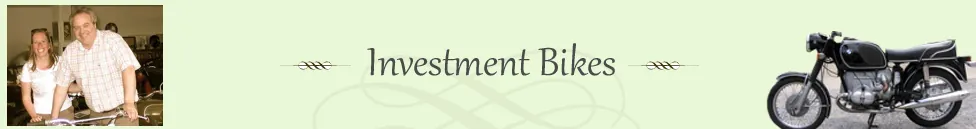 Investment Bikes banner with John and Ingrid and a vintage motorcycle